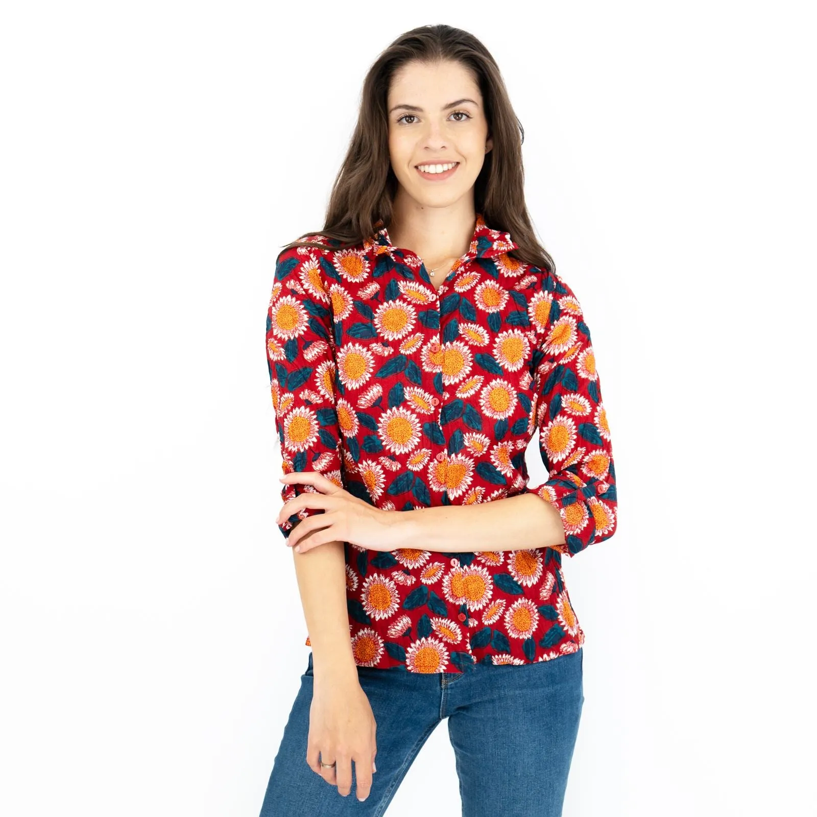 Seasalt Larissa Red Daisies Shirt Long Sleeve Cotton Button-Up Tops