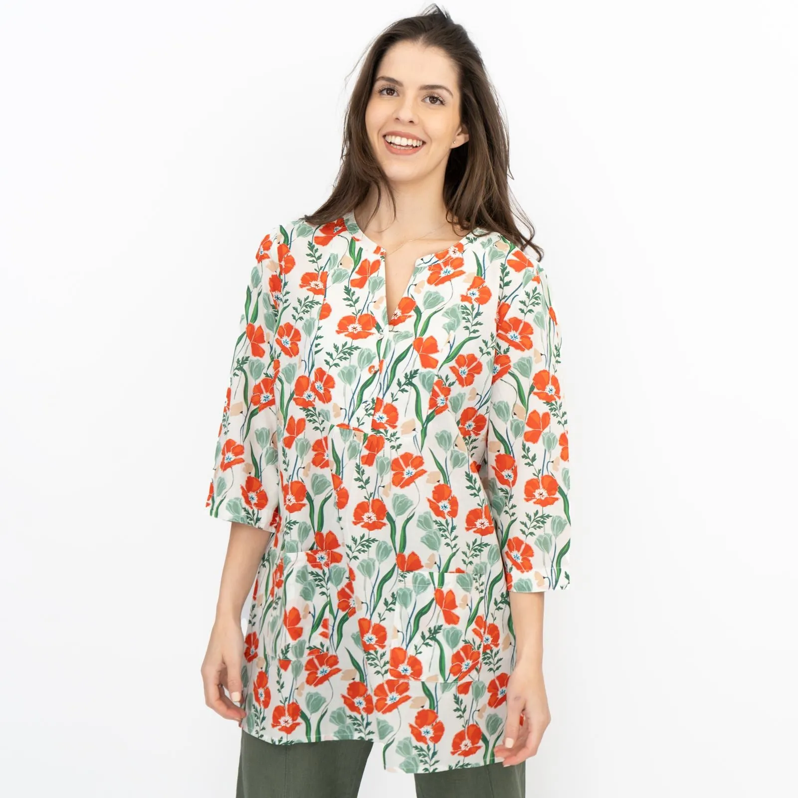 Seasalt Womens Aventurier Printed Tunic Poppies And Tulips Chalk