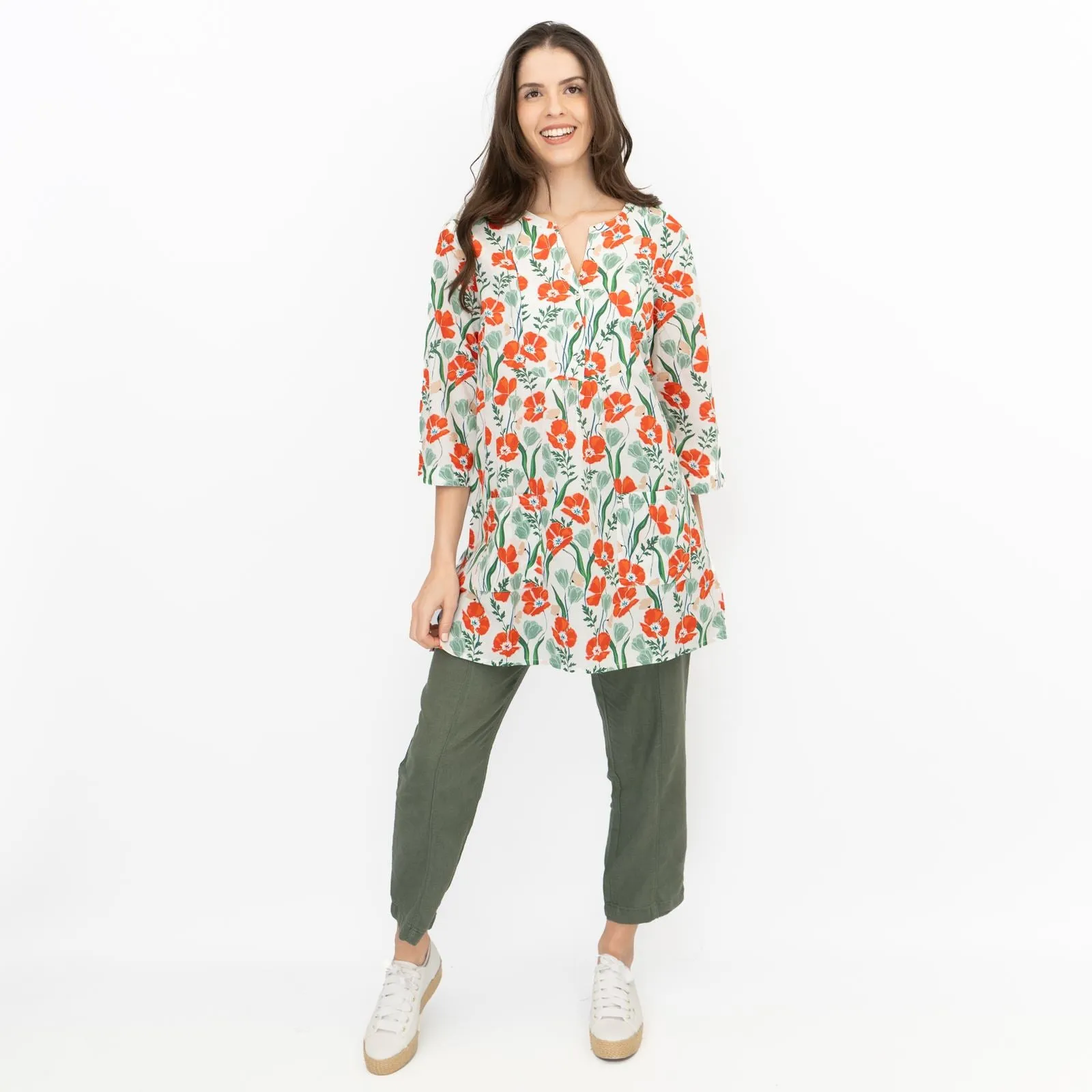 Seasalt Womens Aventurier Printed Tunic Poppies And Tulips Chalk