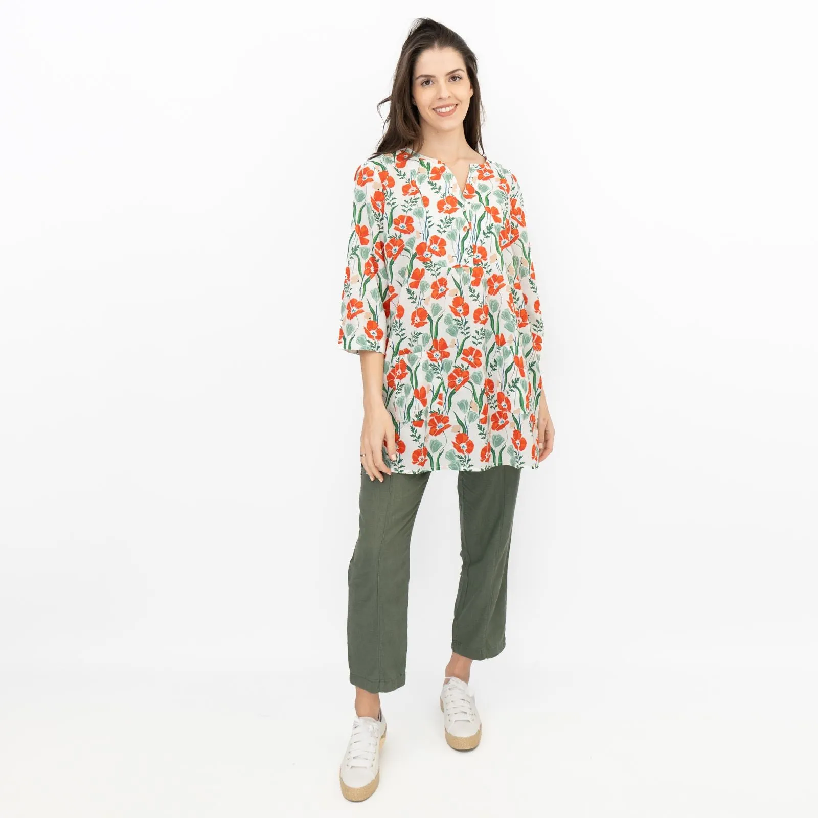 Seasalt Womens Aventurier Printed Tunic Poppies And Tulips Chalk