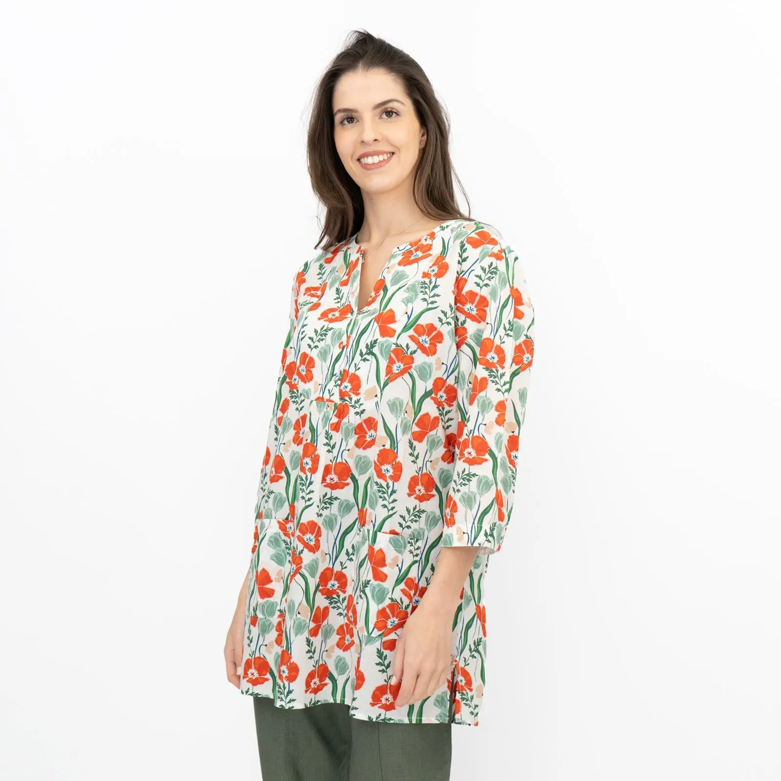 Seasalt Womens Aventurier Printed Tunic Poppies And Tulips Chalk