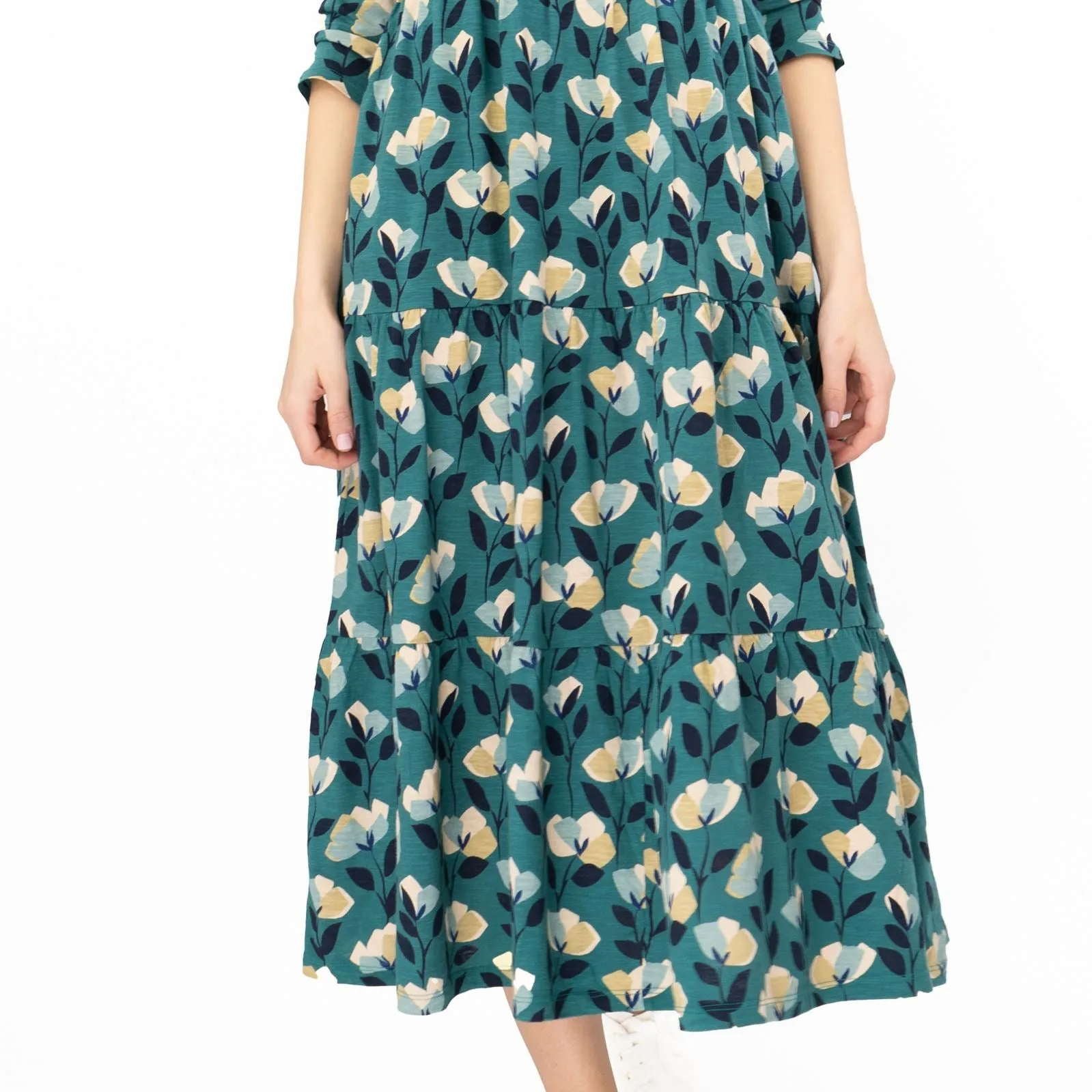 Seasalt Womens Green Floral Jersey Line Strokes 3/4 Sleeves Dress