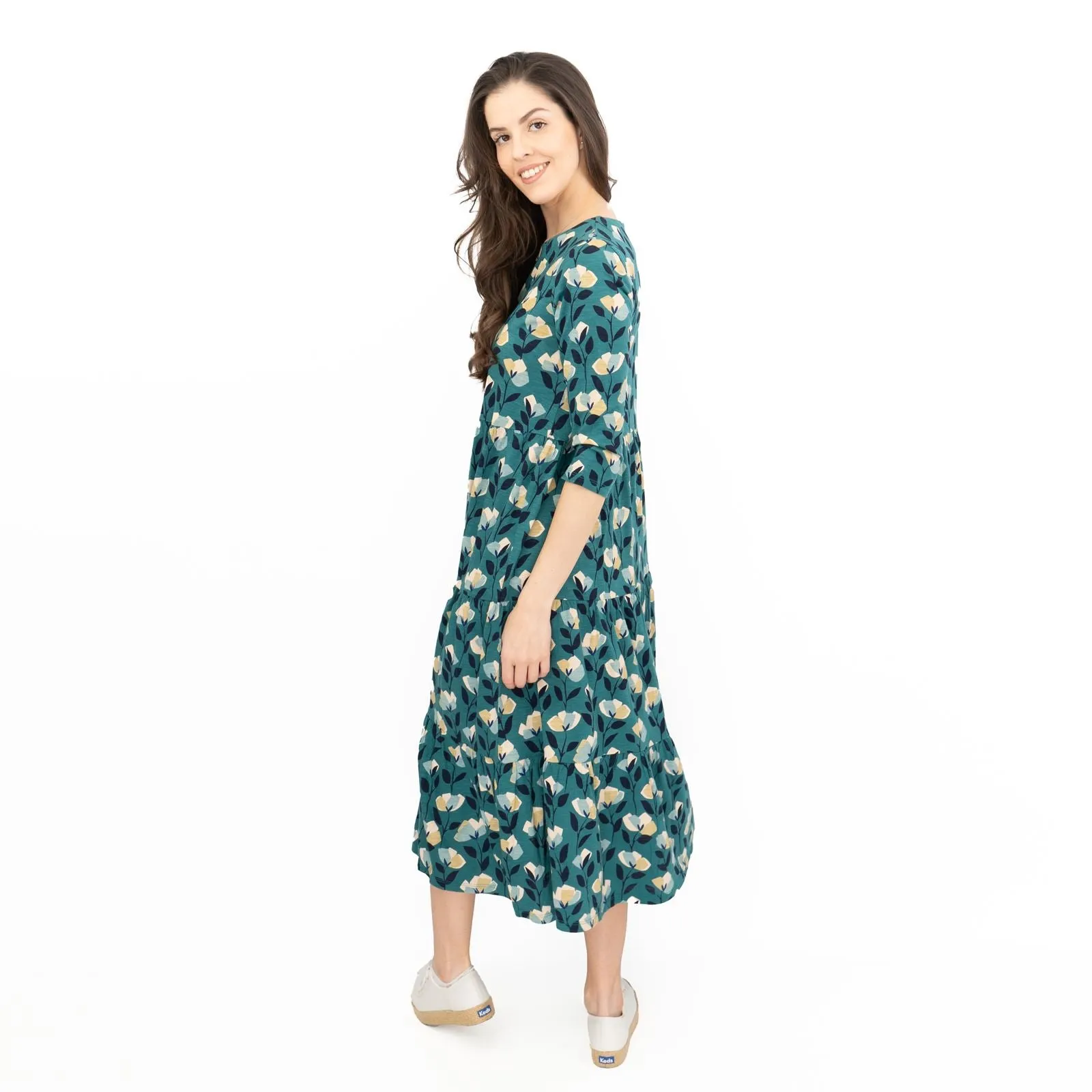 Seasalt Womens Green Floral Jersey Line Strokes 3/4 Sleeves Dress