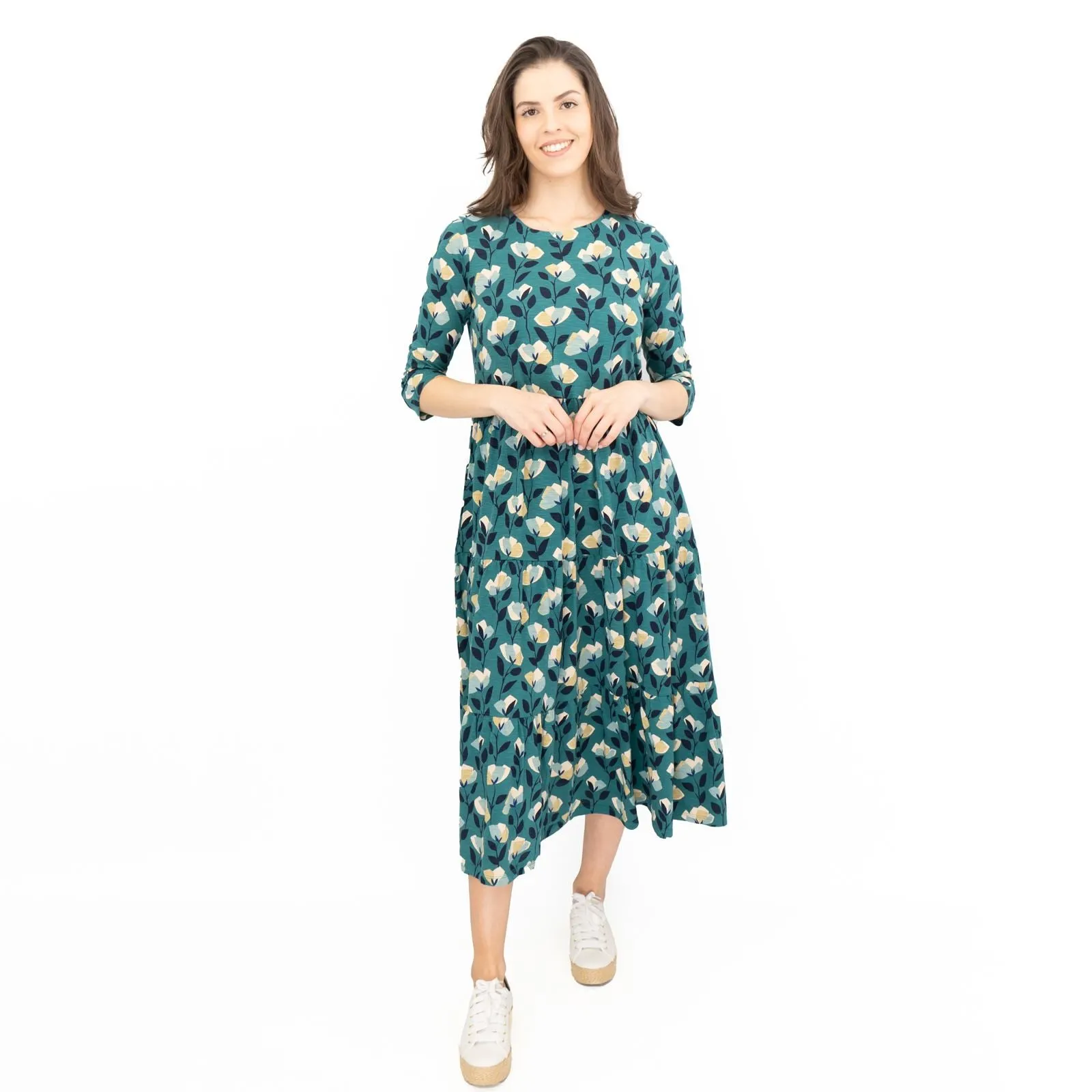 Seasalt Womens Green Floral Jersey Line Strokes 3/4 Sleeves Dress