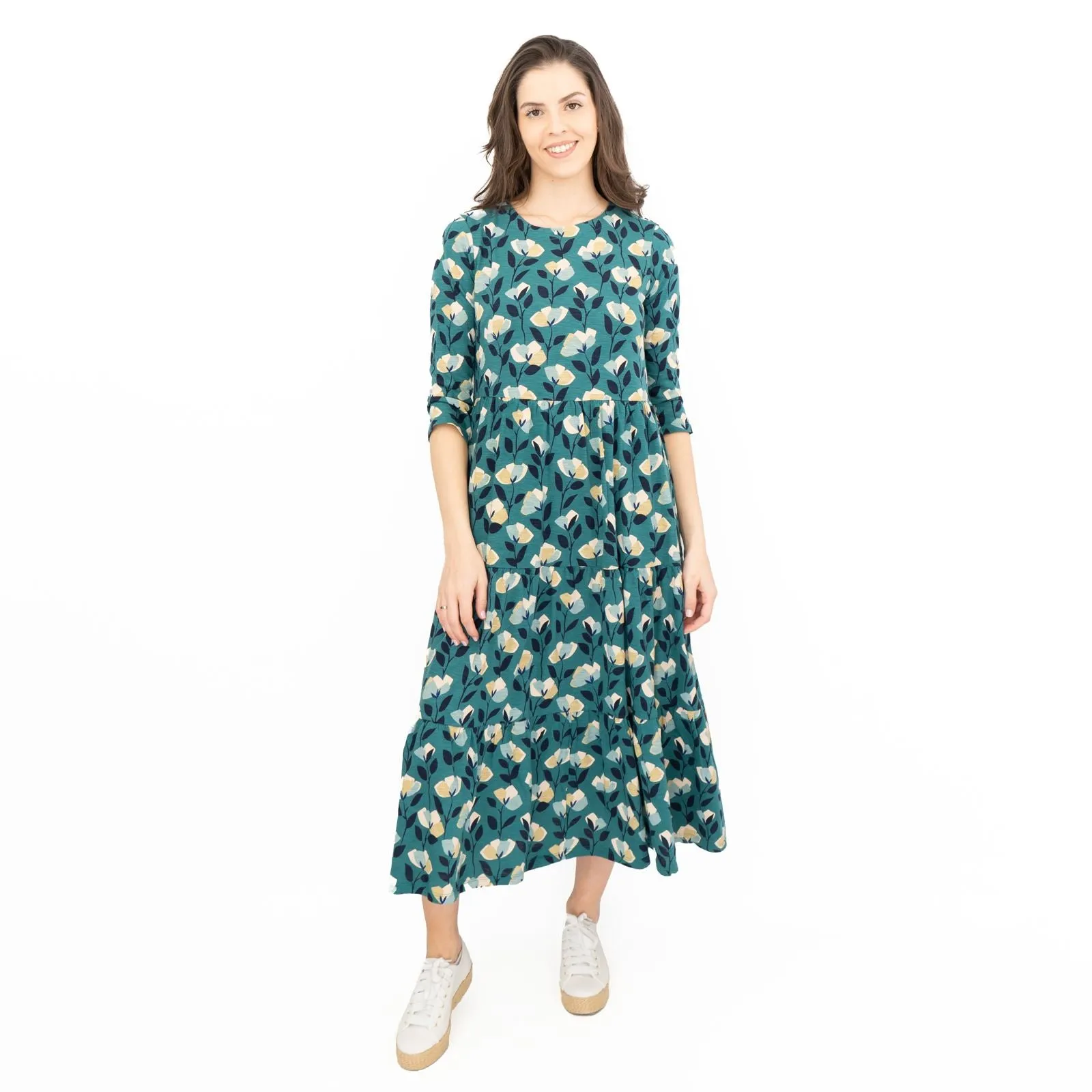 Seasalt Womens Green Floral Jersey Line Strokes 3/4 Sleeves Dress