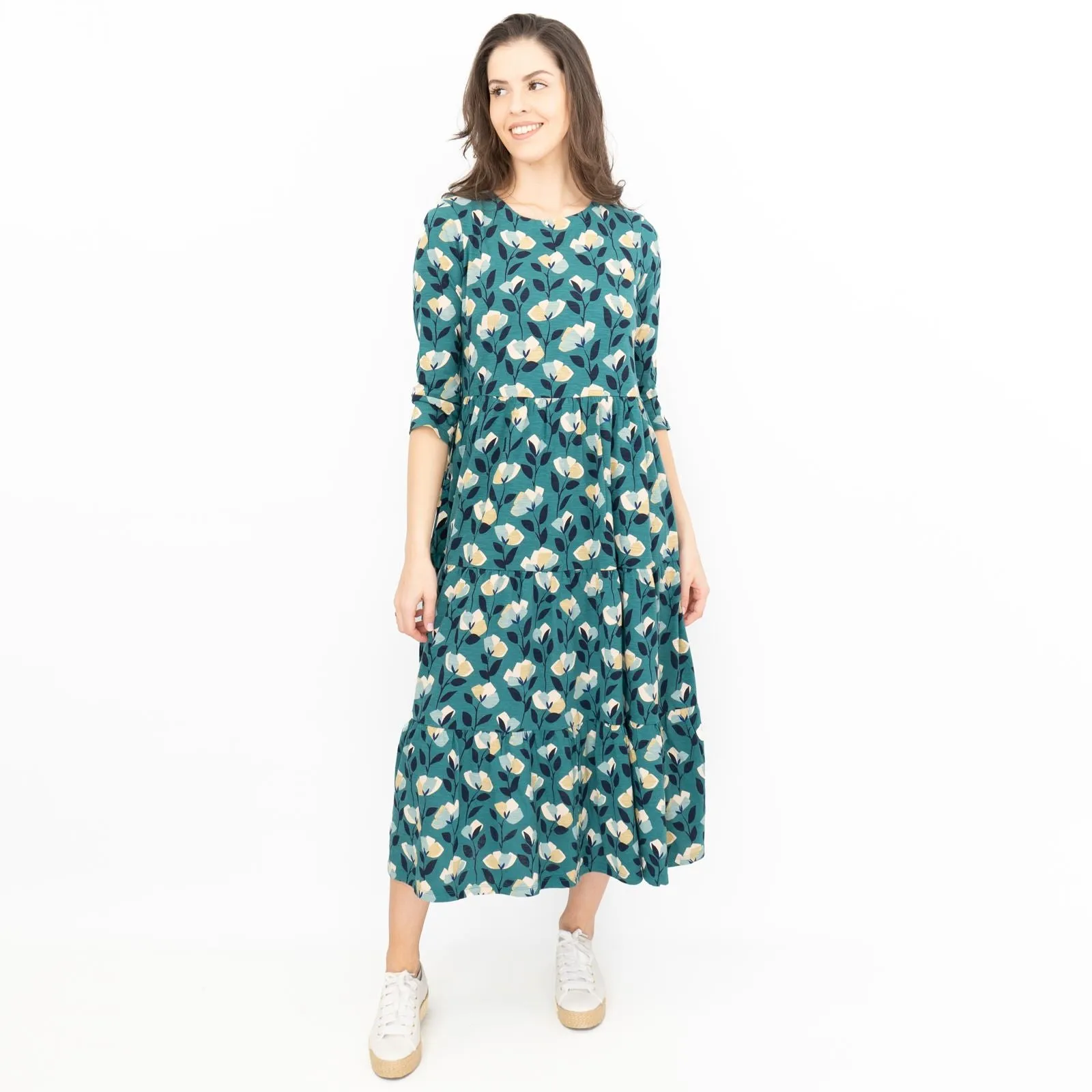 Seasalt Womens Green Floral Jersey Line Strokes 3/4 Sleeves Dress