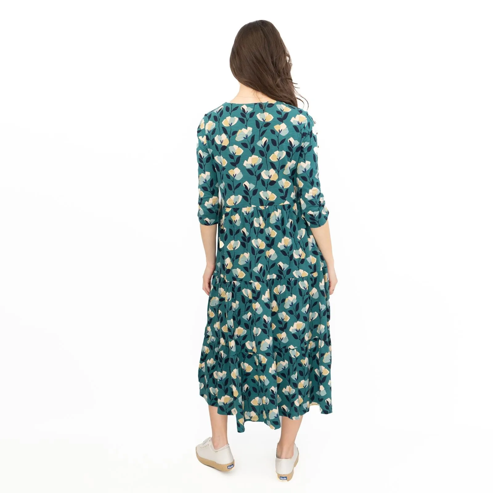 Seasalt Womens Green Floral Jersey Line Strokes 3/4 Sleeves Dress