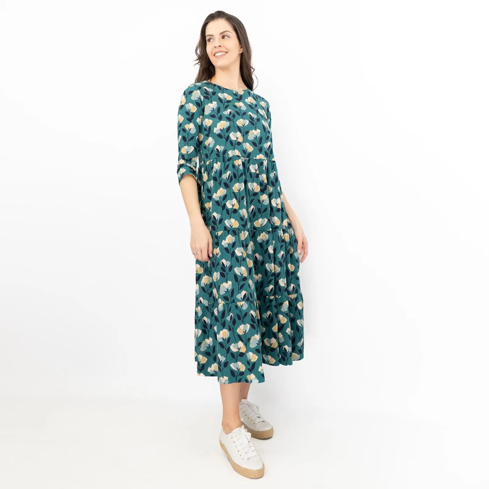 Seasalt Womens Green Floral Jersey Line Strokes 3/4 Sleeves Dress