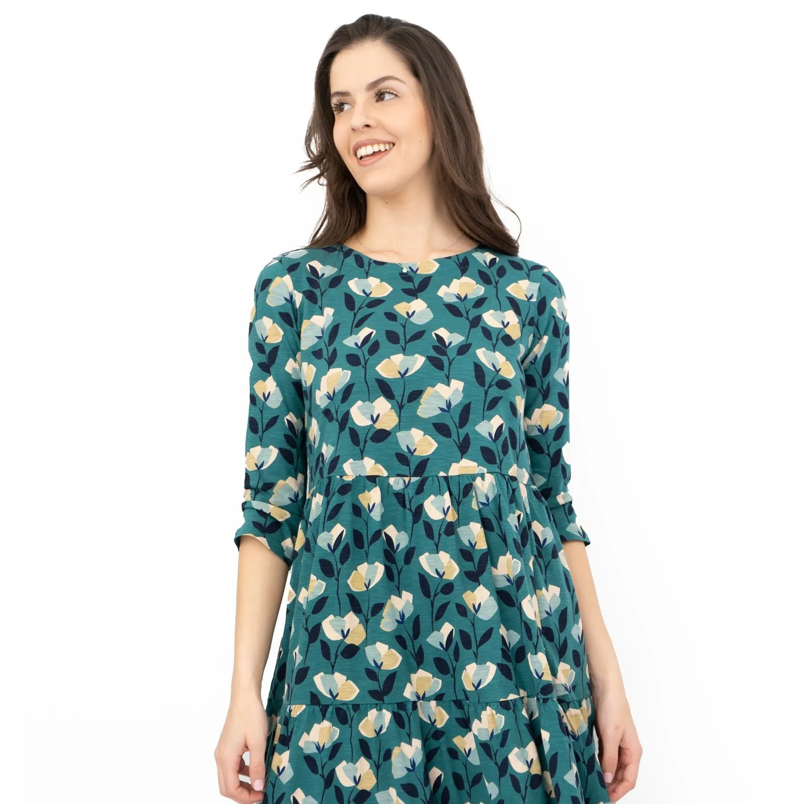 Seasalt Womens Green Floral Jersey Line Strokes 3/4 Sleeves Dress