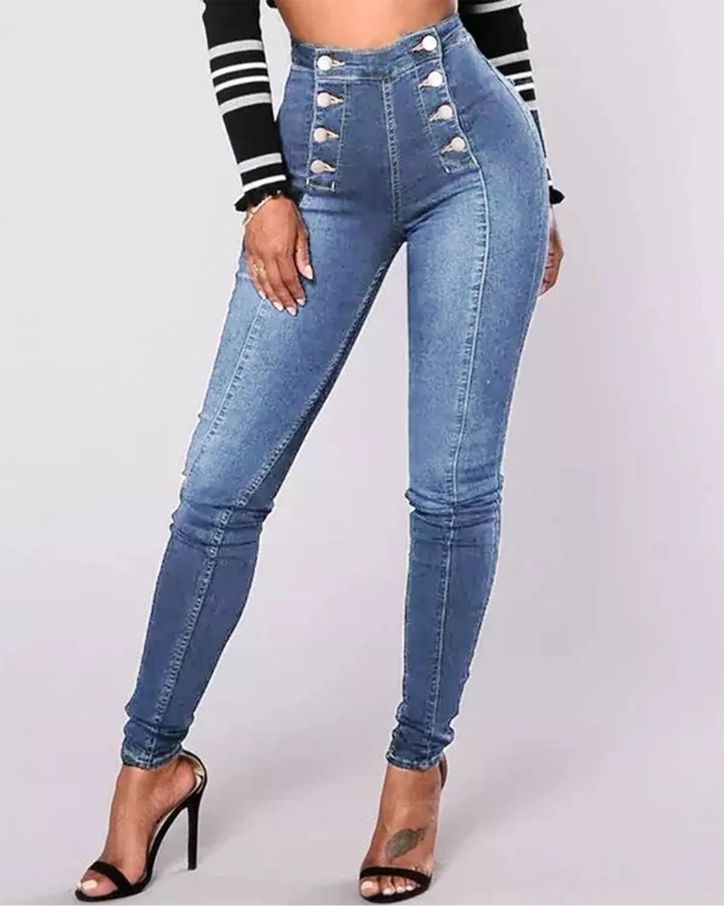 SheCurve® High-Waisted Casual Two-Row Stretch Jeans With Multiple Buttons