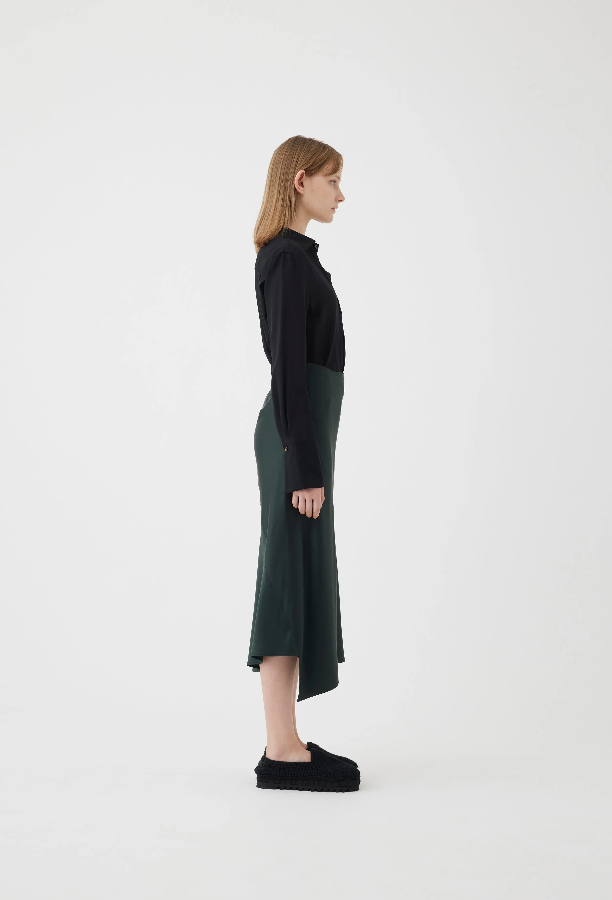 Silk Asymmetrical Skirt in Forest Green