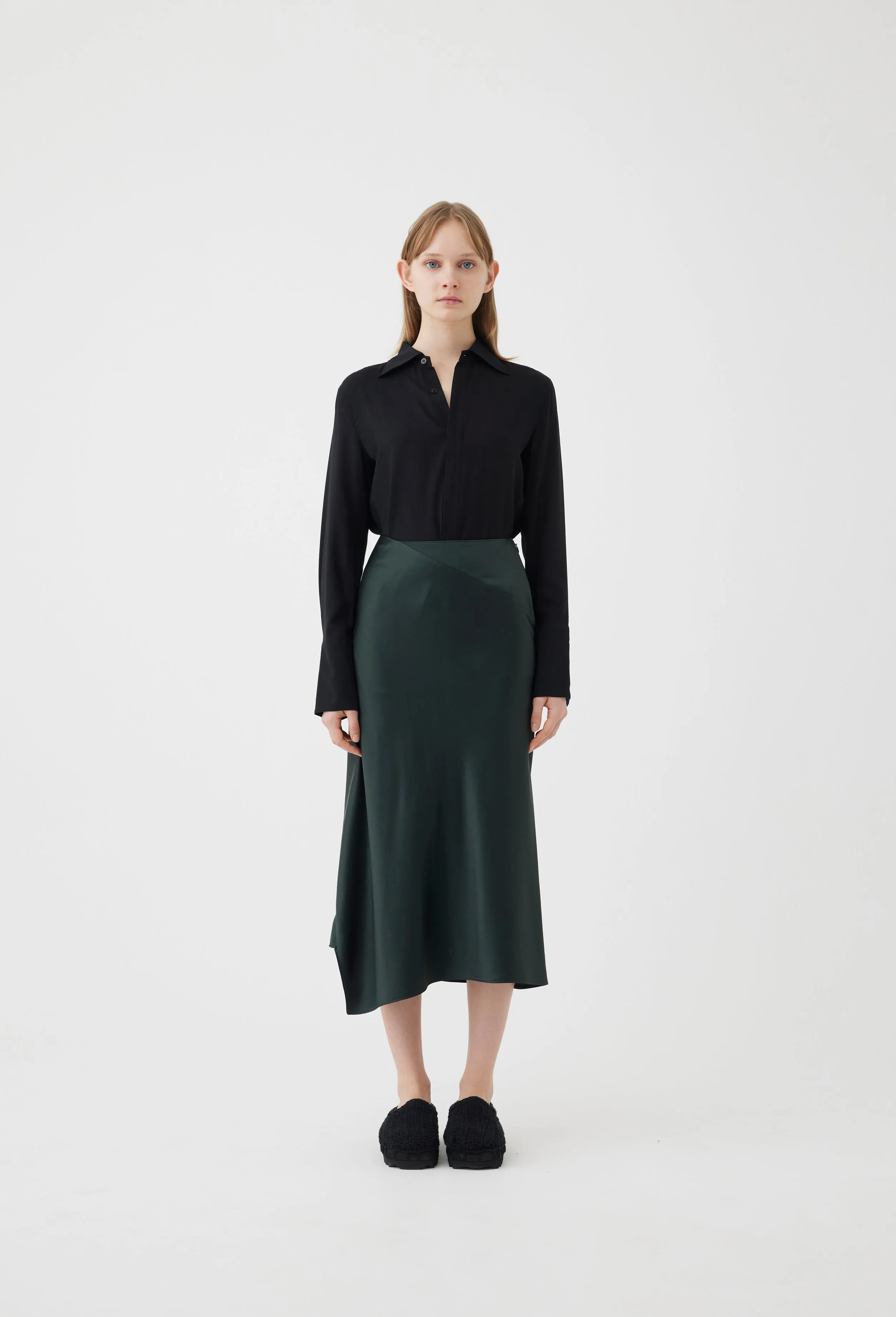 Silk Asymmetrical Skirt in Forest Green