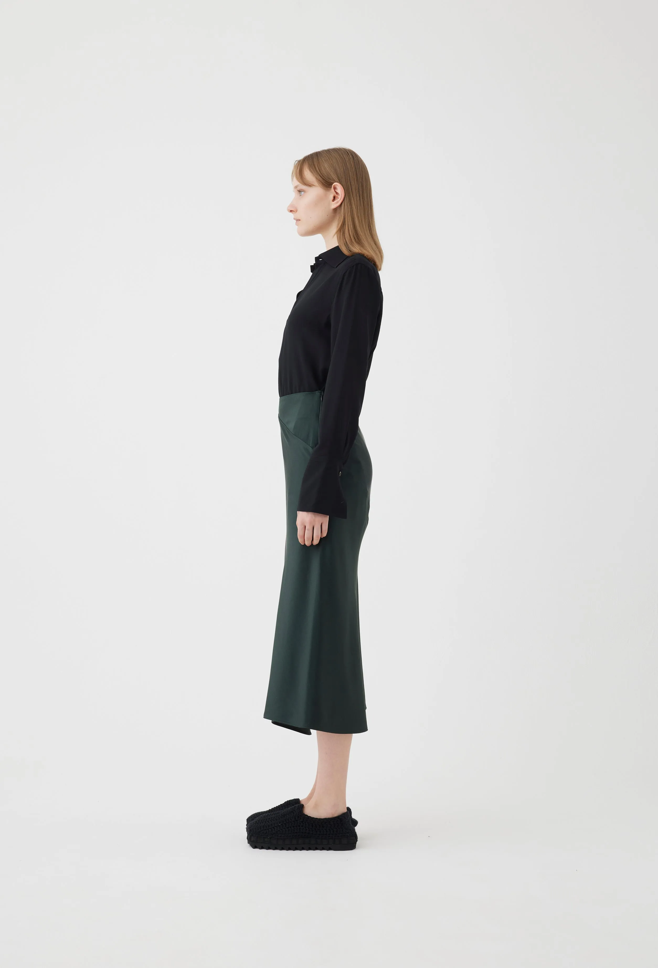 Silk Asymmetrical Skirt in Forest Green