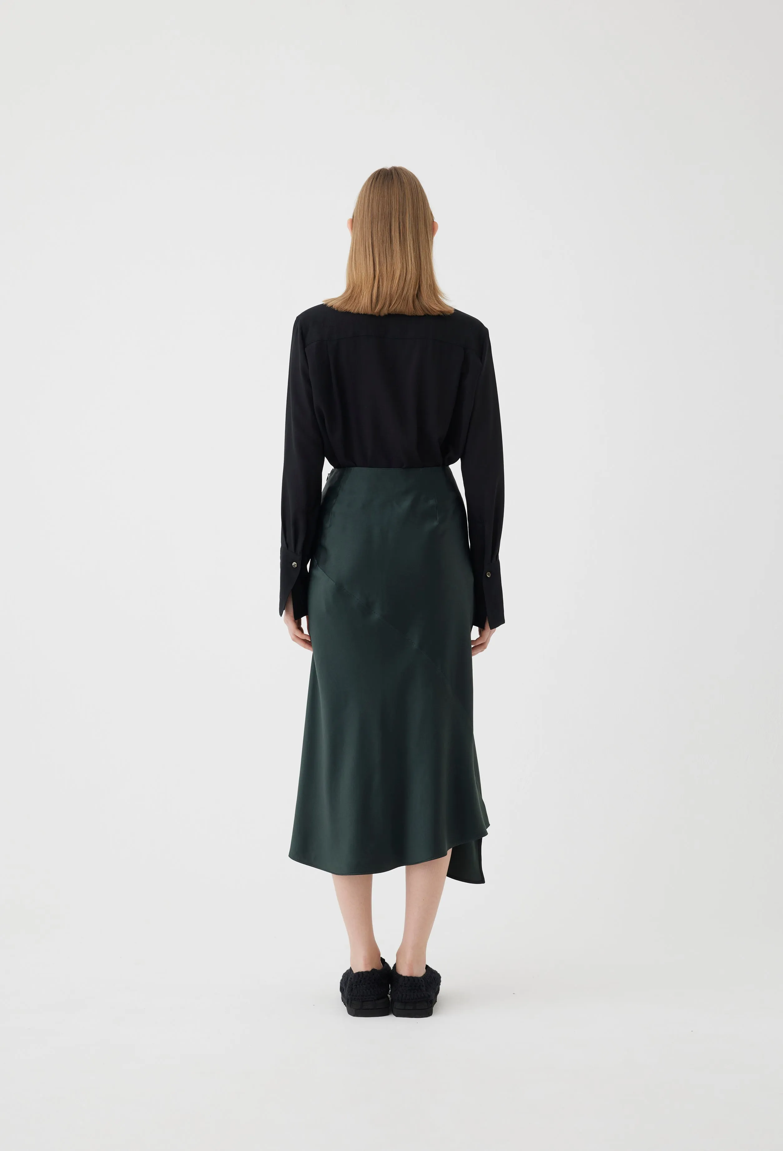 Silk Asymmetrical Skirt in Forest Green