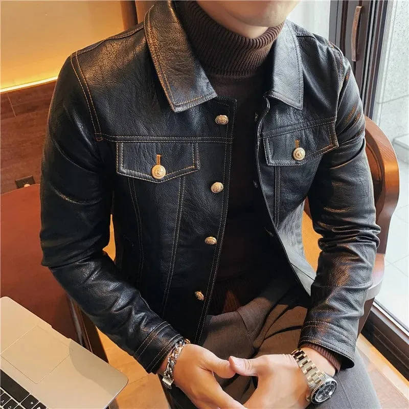 Slim Fit Men's Leather Jacket High Quality Fashion Business Casual