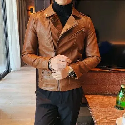 Slim Fit Men's Leather Jacket High Quality Fashion Business Casual