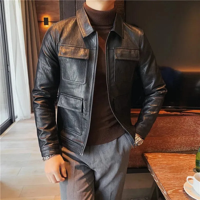 Slim Fit Men's Leather Jacket High Quality Fashion Business Casual