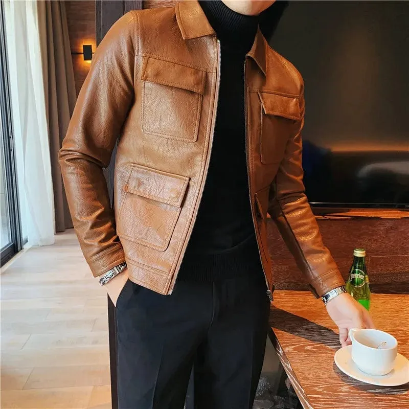 Slim Fit Men's Leather Jacket High Quality Fashion Business Casual