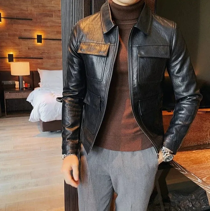 Slim Fit Men's Leather Jacket High Quality Fashion Business Casual