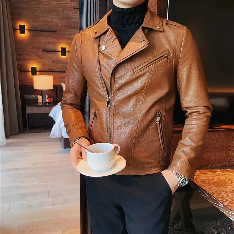 Slim Fit Men's Leather Jacket High Quality Fashion Business Casual