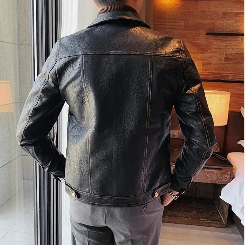 Slim Fit Men's Leather Jacket High Quality Fashion Business Casual