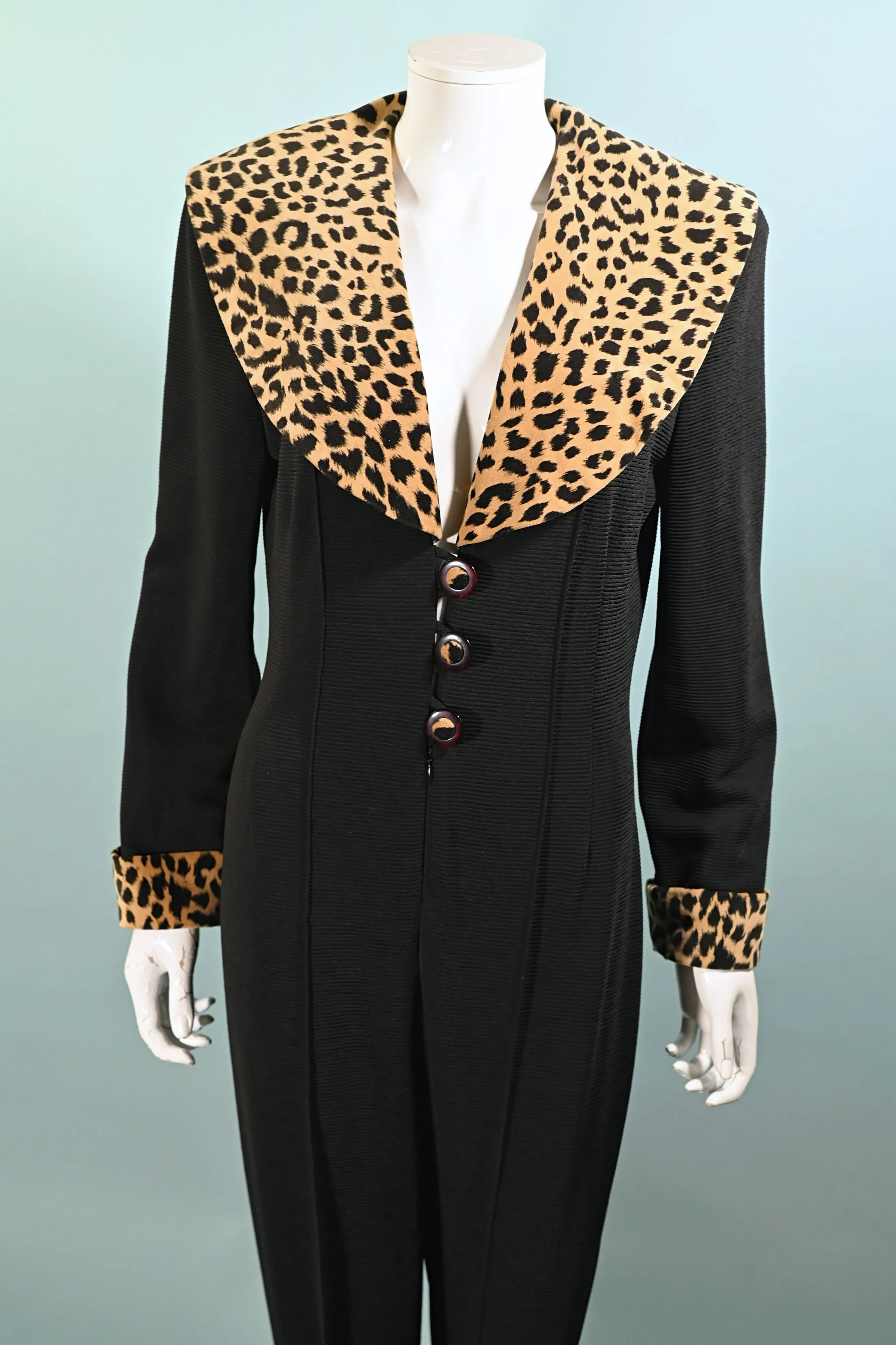 SOLD 80s/90s Black Jumpsuit, Leopard Details Stirrup Pants M