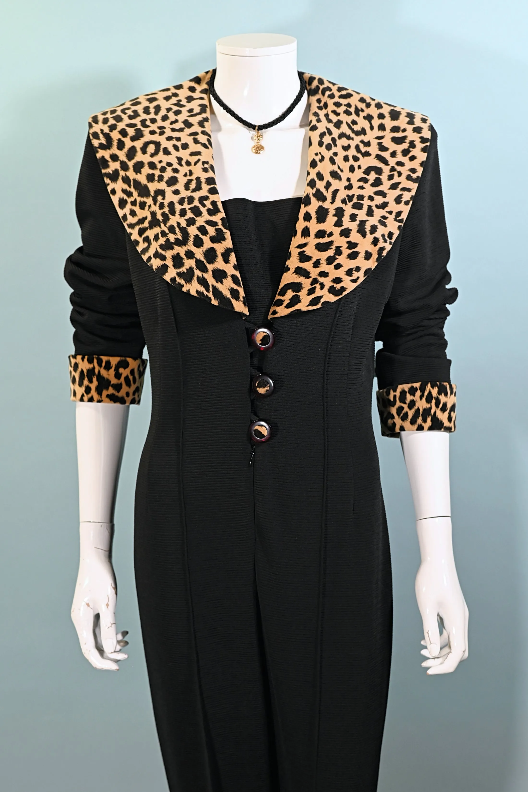 SOLD 80s/90s Black Jumpsuit, Leopard Details Stirrup Pants M