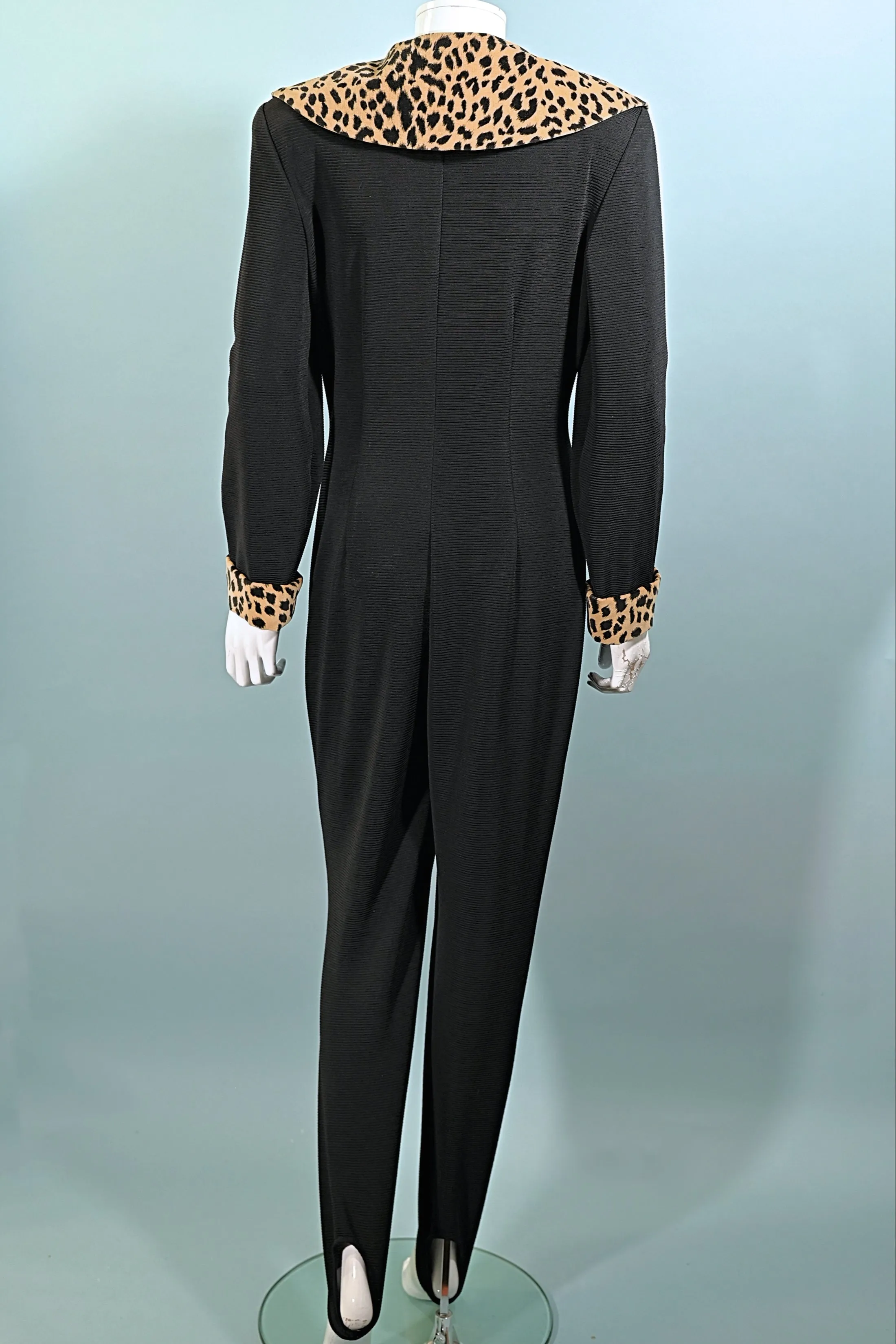 SOLD 80s/90s Black Jumpsuit, Leopard Details Stirrup Pants M