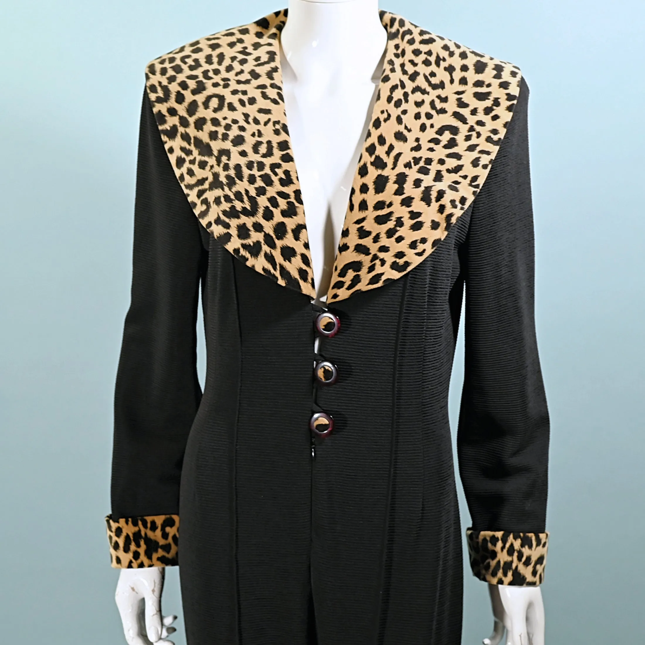 SOLD 80s/90s Black Jumpsuit, Leopard Details Stirrup Pants M