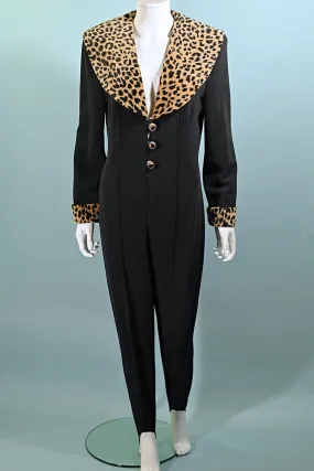 SOLD 80s/90s Black Jumpsuit, Leopard Details Stirrup Pants M