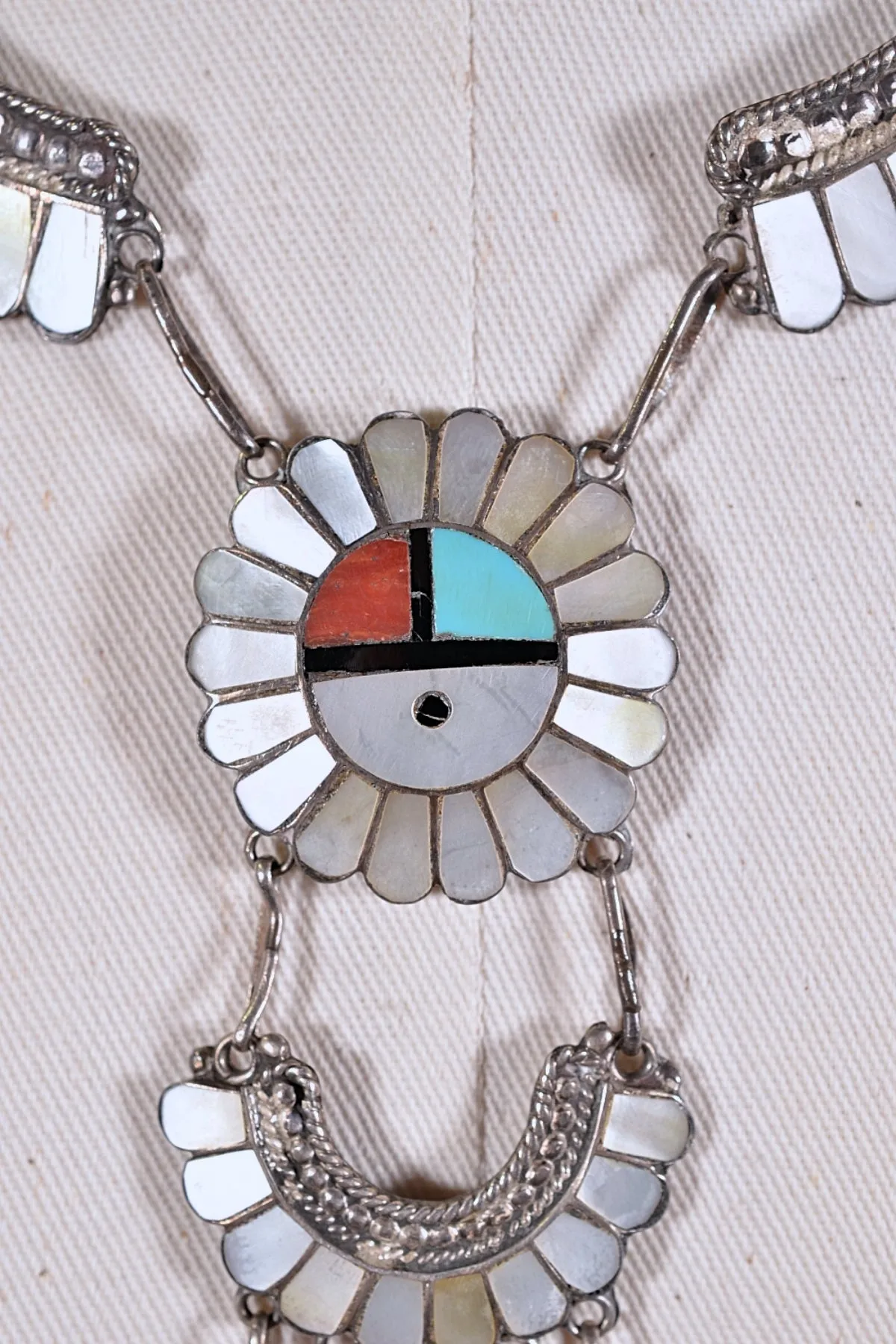 SOLD Vintage 1950s Silver Mother of Pearl Zuni Sunface Kachina Necklace, 39.4 Grams