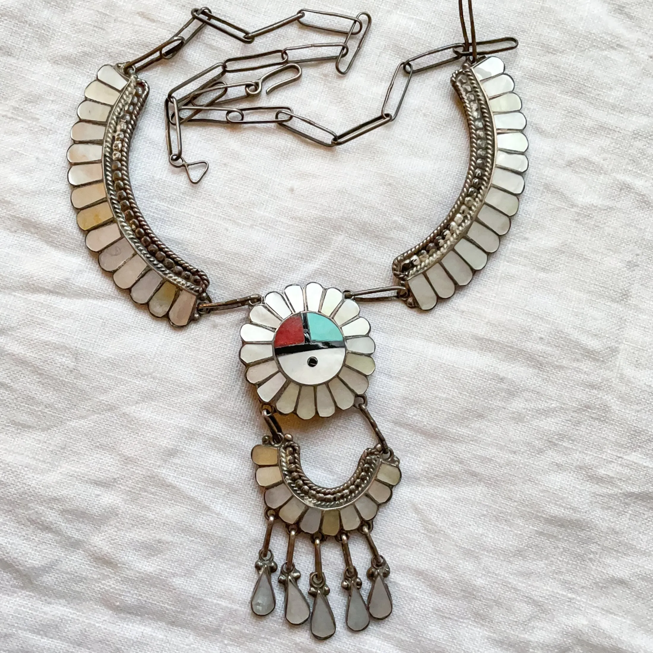 SOLD Vintage 1950s Silver Mother of Pearl Zuni Sunface Kachina Necklace, 39.4 Grams