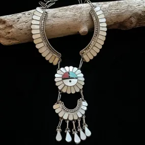 SOLD Vintage 1950s Silver Mother of Pearl Zuni Sunface Kachina Necklace, 39.4 Grams