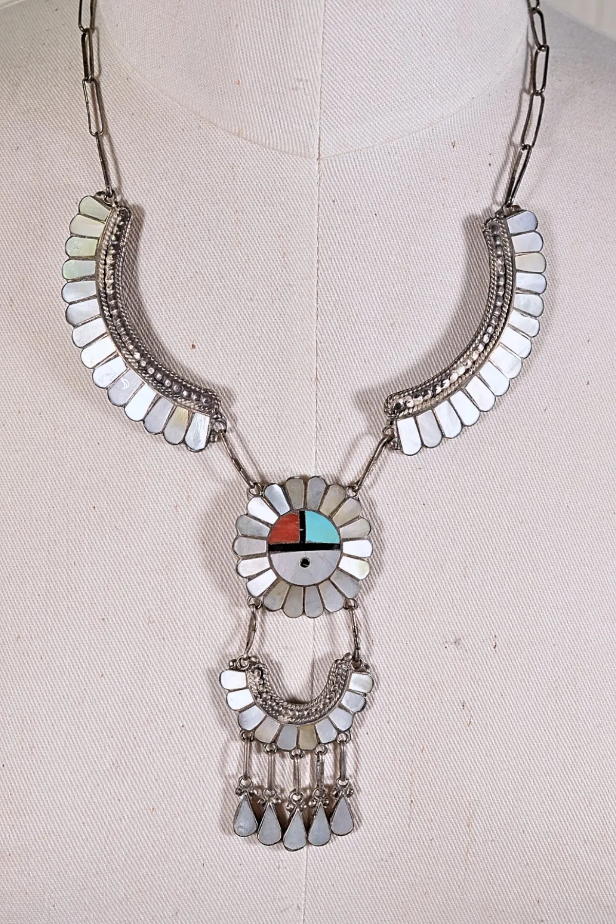 SOLD Vintage 1950s Silver Mother of Pearl Zuni Sunface Kachina Necklace, 39.4 Grams