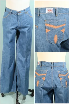 SOLD Vintage 70s Orange Tag Denim Jeans, Light Wash Denim w/Cord Insert Accents