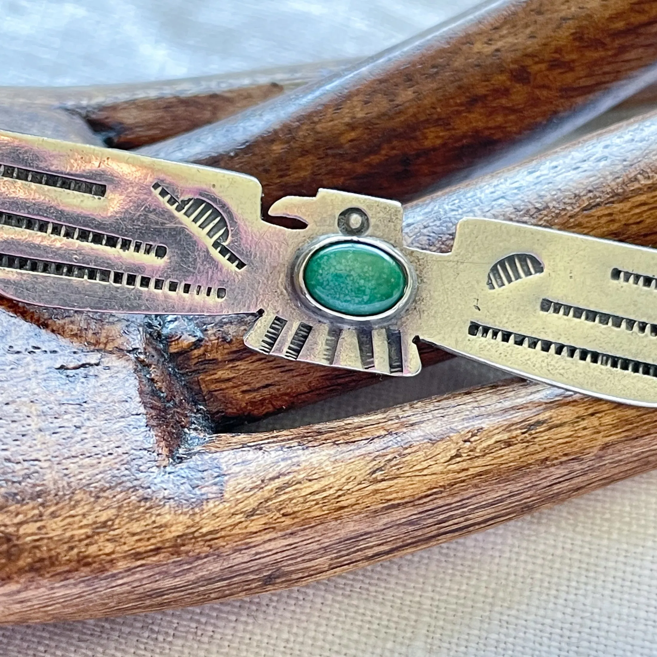 SOLD Vintage Silver Thunderbird Fred Harvey Era Brooch, Turquoise Stamped Pin