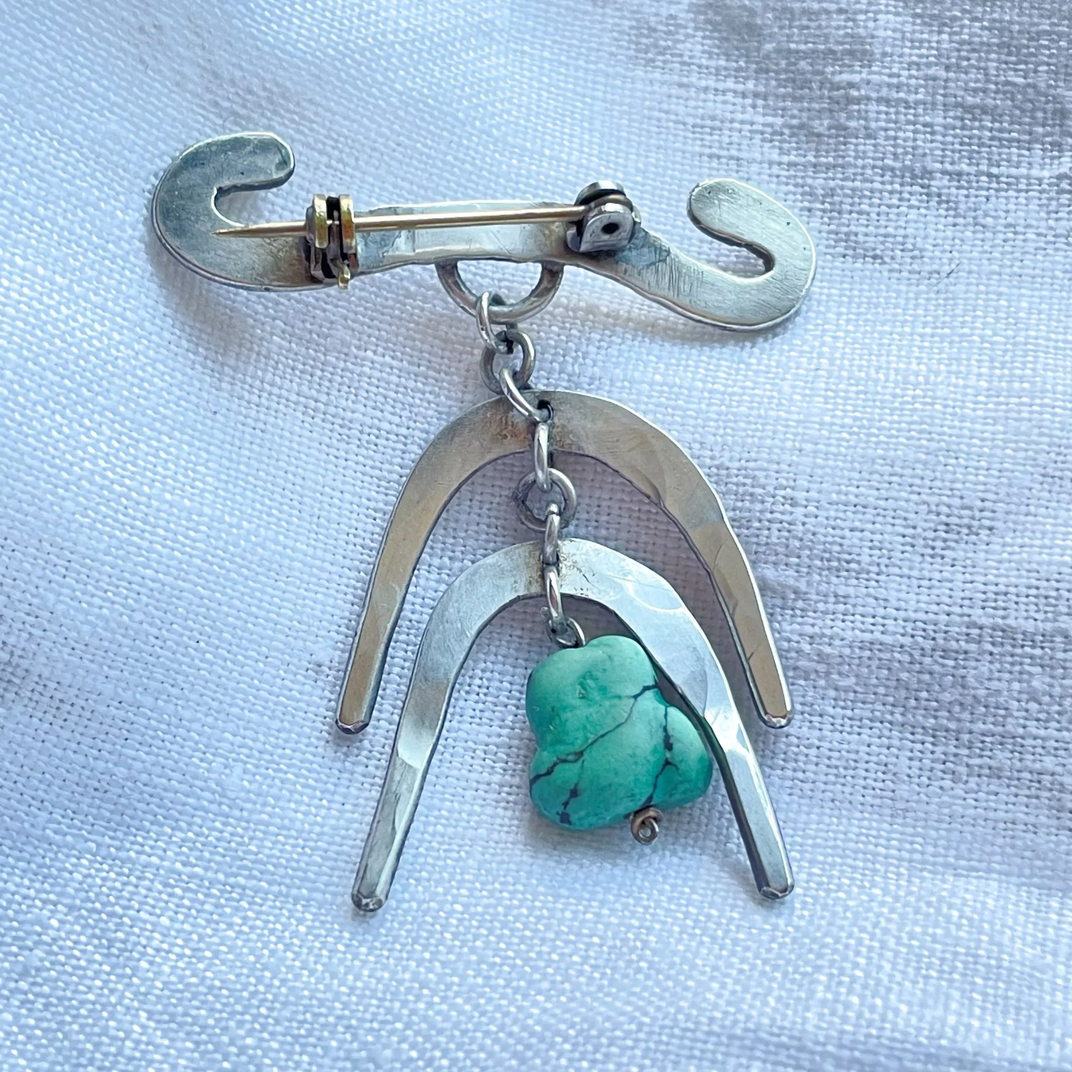 SOLD Vintage Sterling Silver Turquoise Articulated Brooch, Southwestern Pin