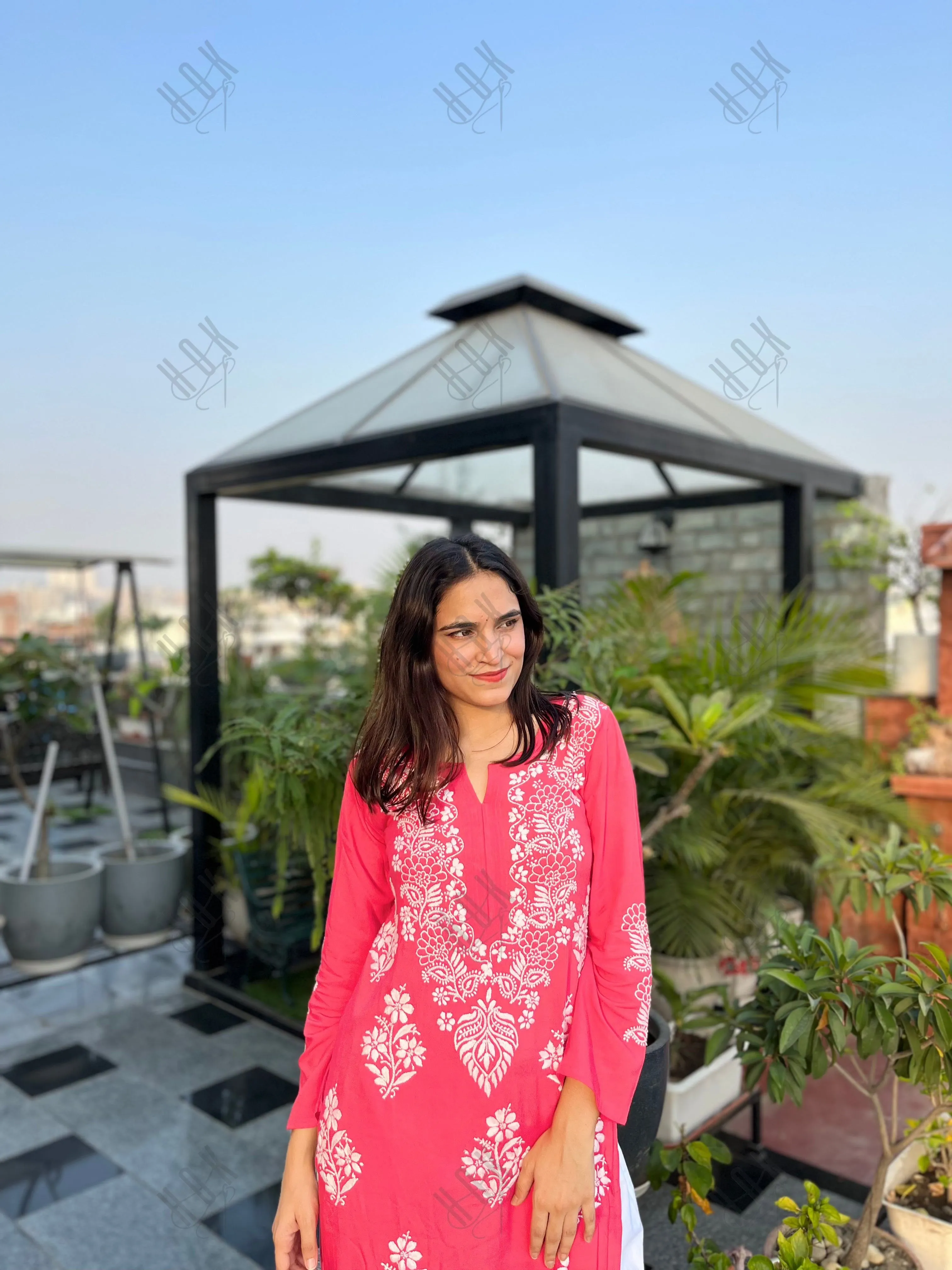 Tanika in Hand Embroidered Chikankari Kurta in Red