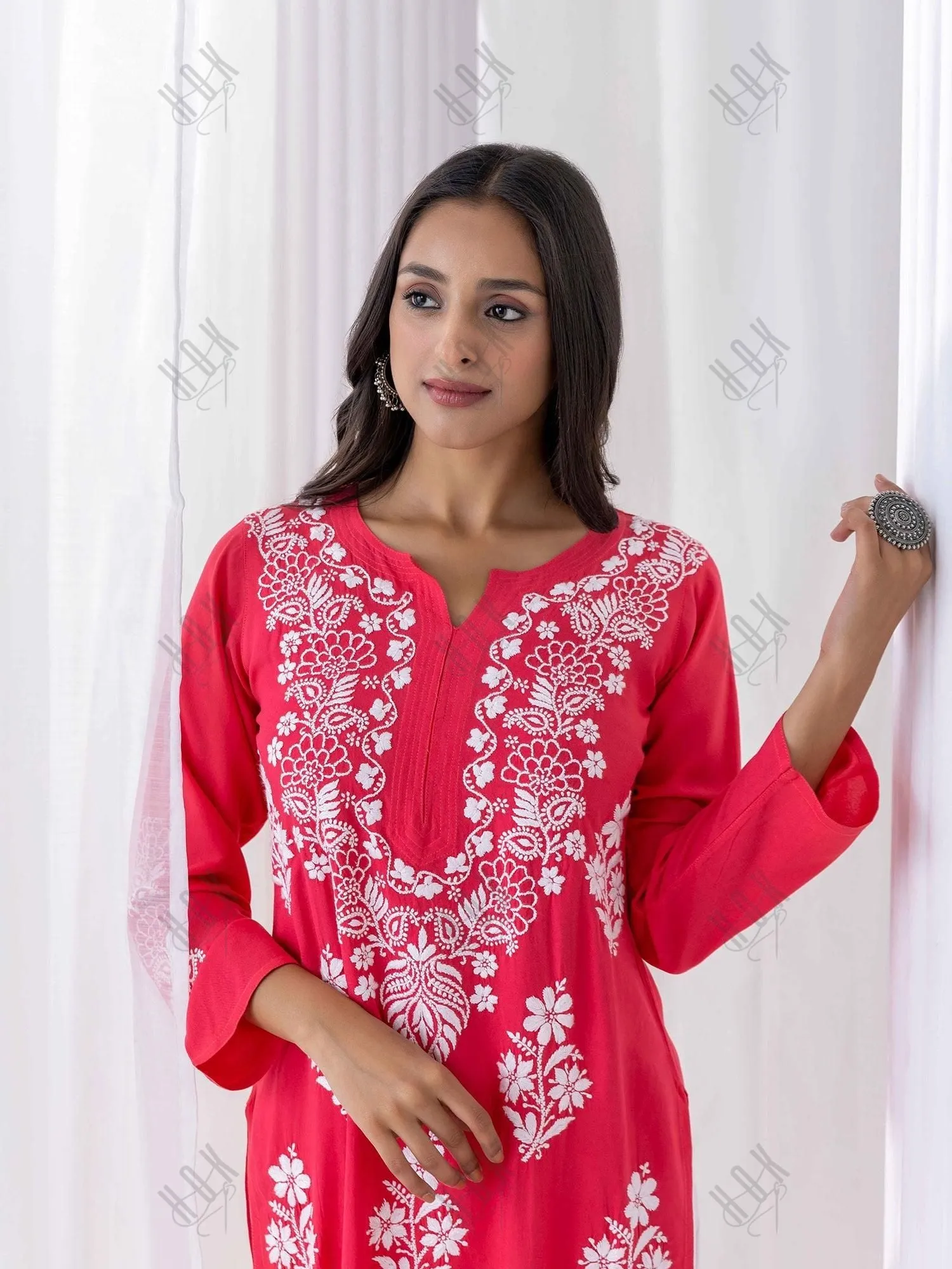 Tanika in Hand Embroidered Chikankari Kurta in Red