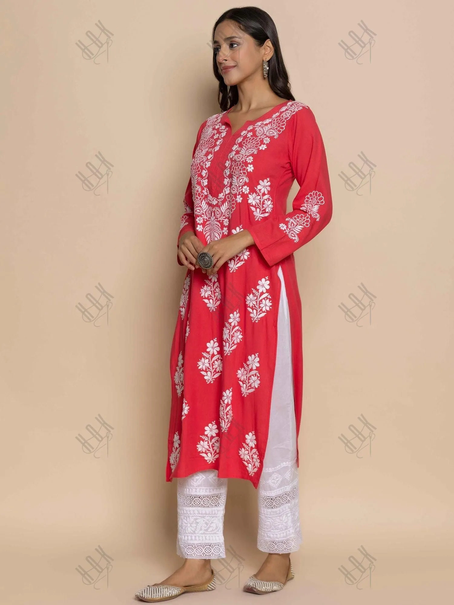 Tanika in Hand Embroidered Chikankari Kurta in Red