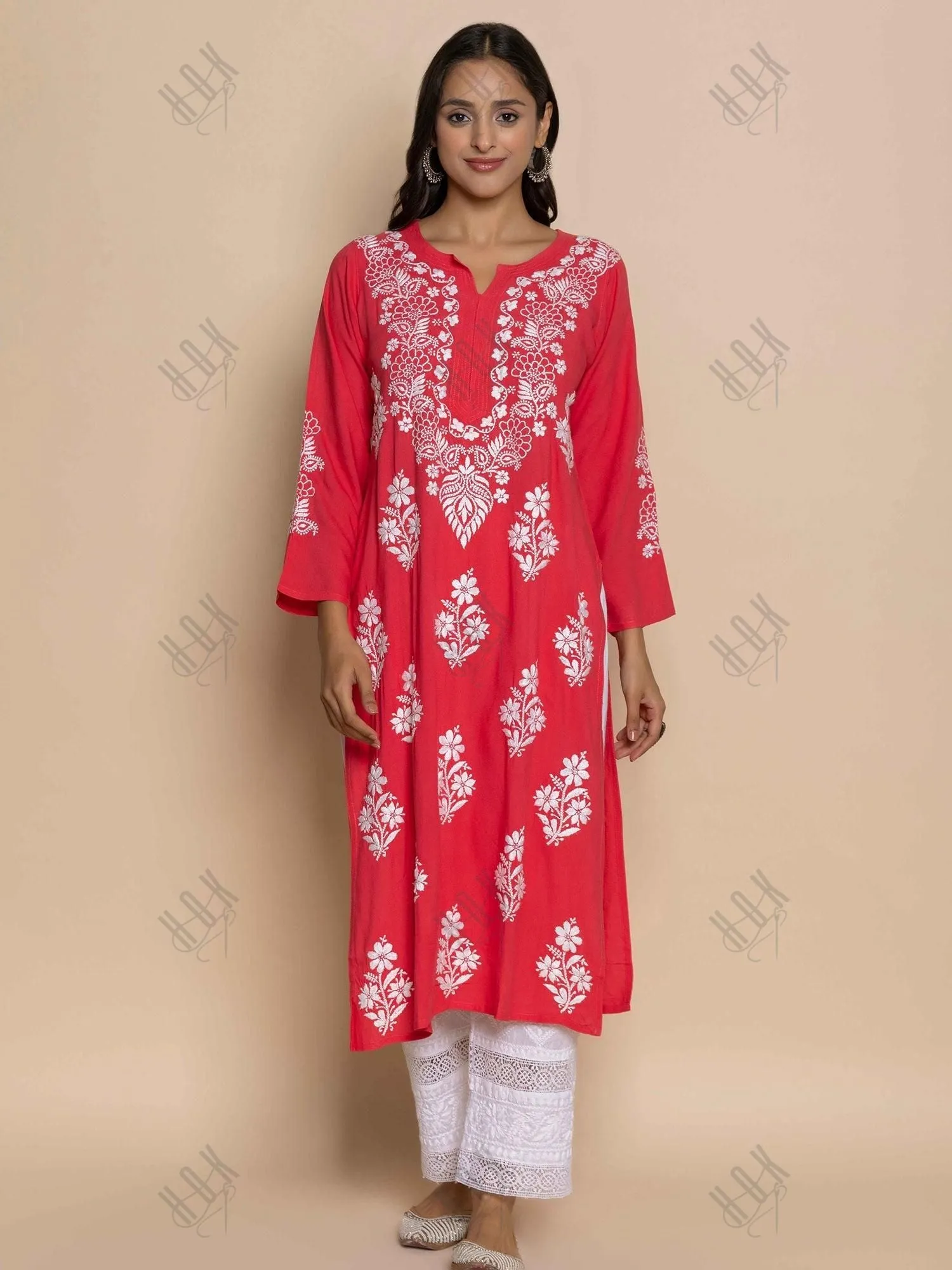 Tanika in Hand Embroidered Chikankari Kurta in Red