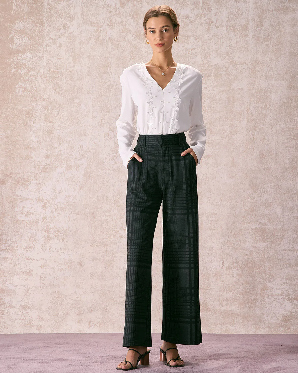 The Grey High Waisted Plaid Wide Leg Pants