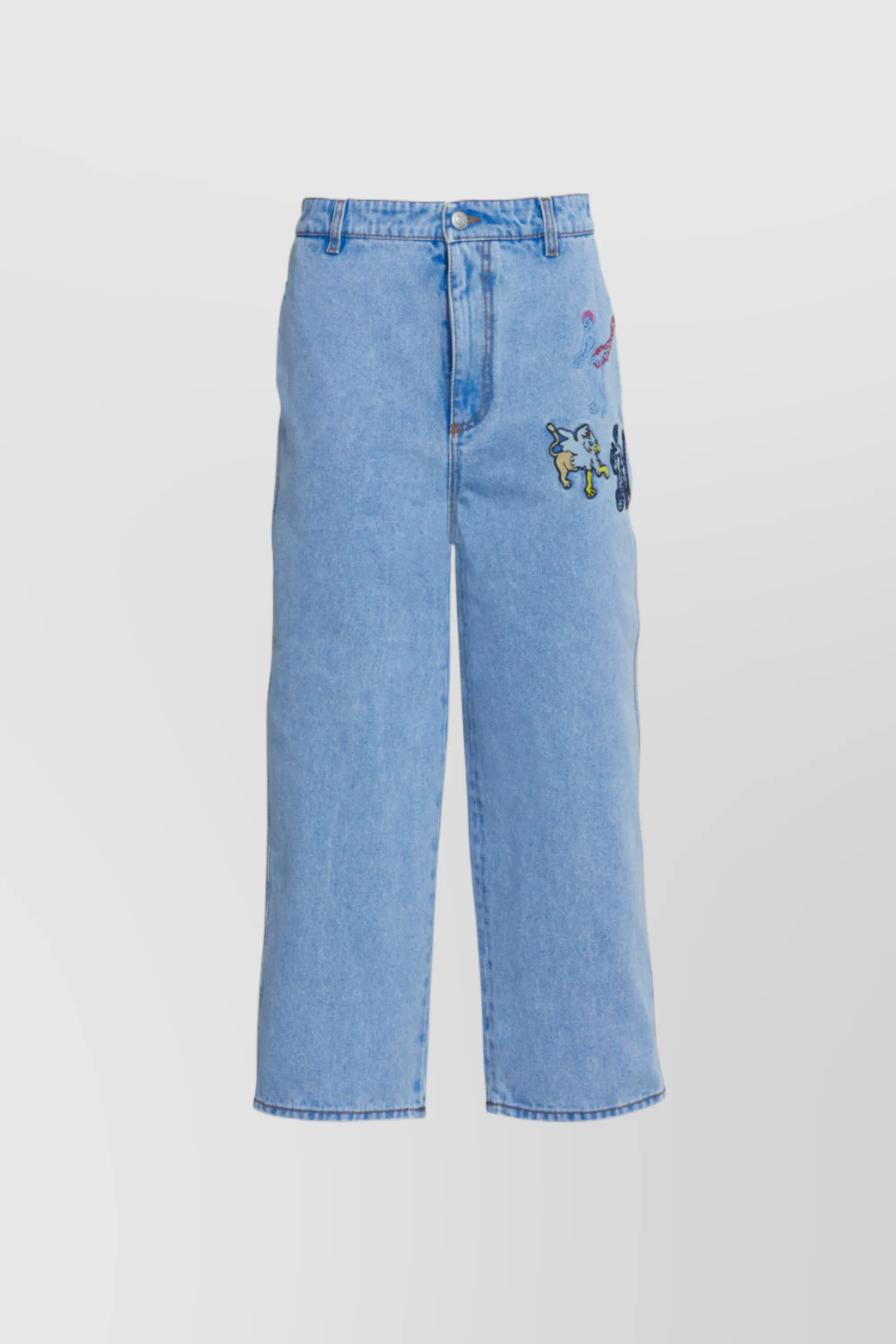 Wide-leg cropped light blue jeans with embroidered motifs