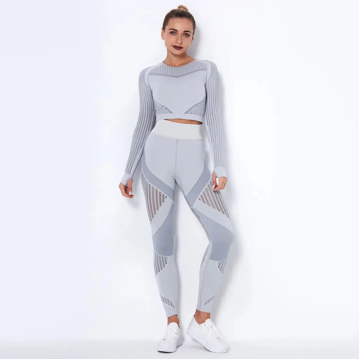 Women High waist Fitness Leggings Sport Set Tracksuit Workout Long Sleeve Seamless Yoga Clothes