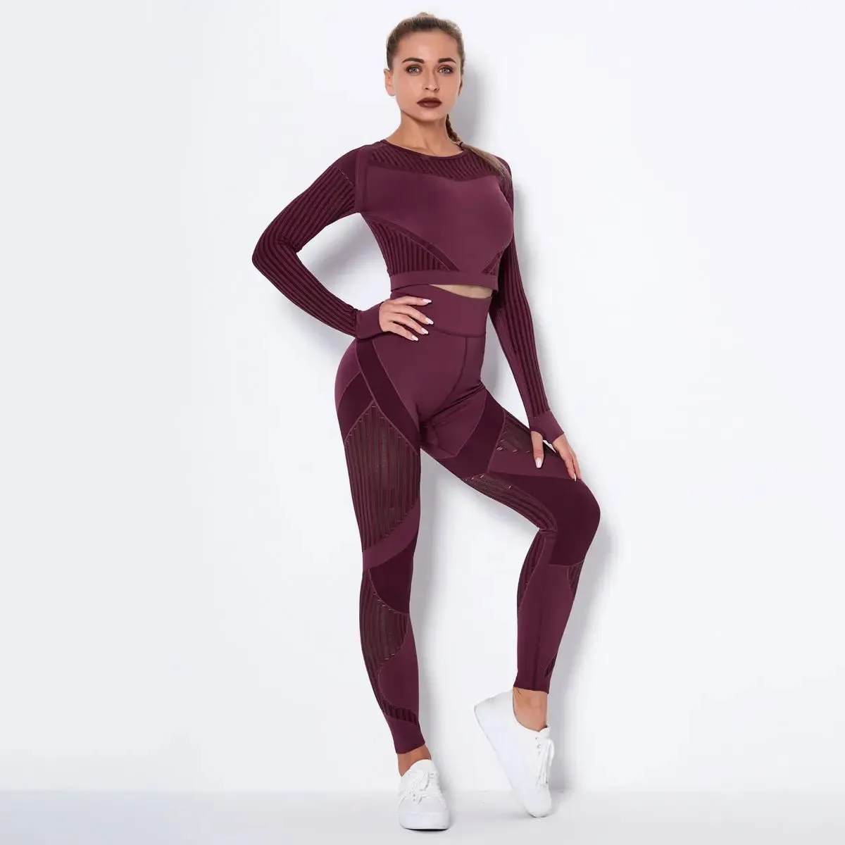 Women High waist Fitness Leggings Sport Set Tracksuit Workout Long Sleeve Seamless Yoga Clothes