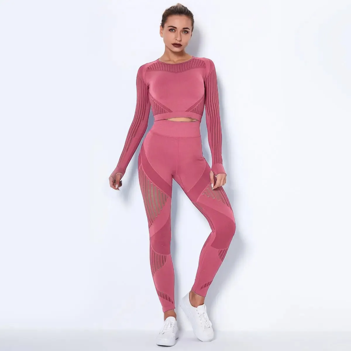 Women High waist Fitness Leggings Sport Set Tracksuit Workout Long Sleeve Seamless Yoga Clothes