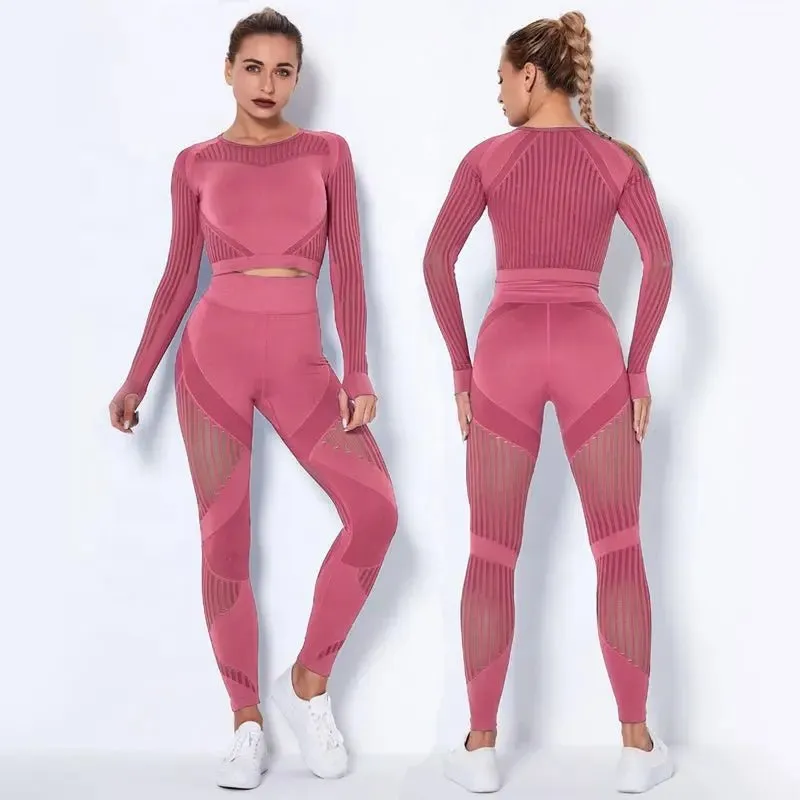 Women High waist Fitness Leggings Sport Set Tracksuit Workout Long Sleeve Seamless Yoga Clothes