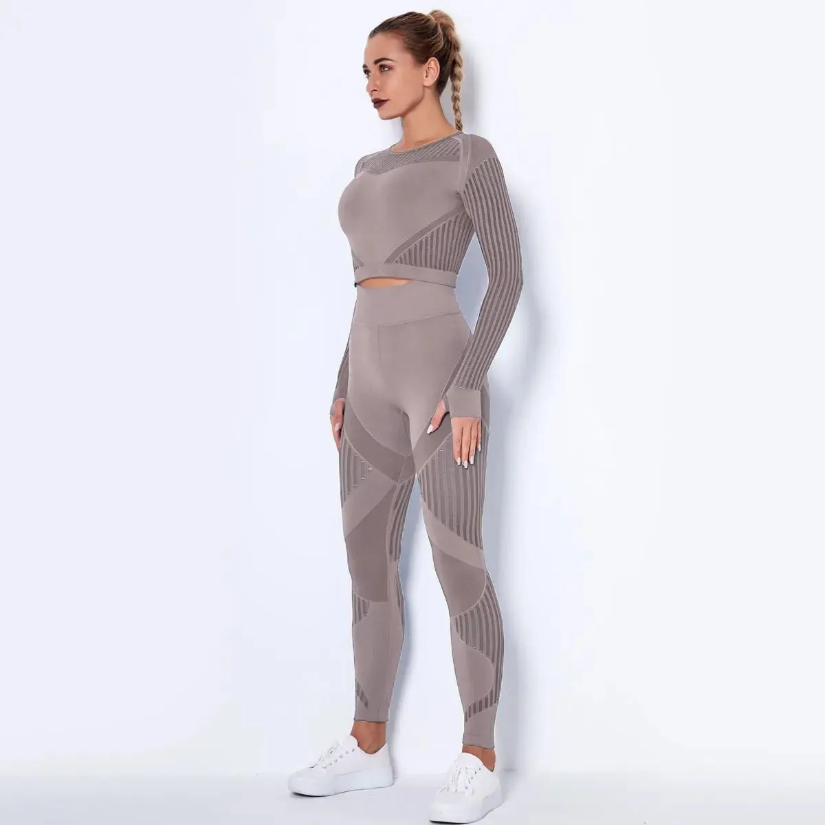 Women High waist Fitness Leggings Sport Set Tracksuit Workout Long Sleeve Seamless Yoga Clothes