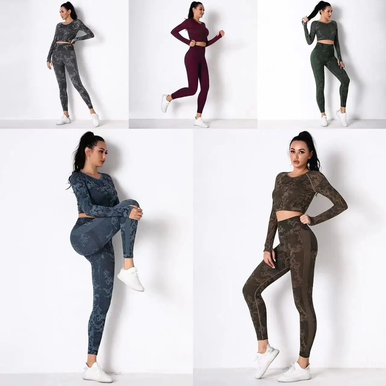 Women's Camo Jacquard Yoga Set - Long Sleeve Top & Leggings