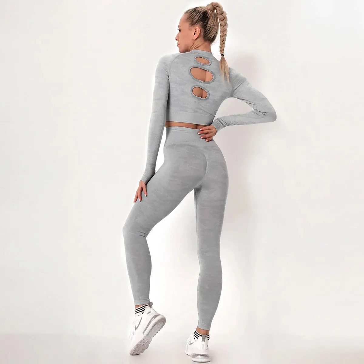 Women's Camouflage Activewear Yoga Suit - Backless Breathable Long Sleeve Top & Seamless Leggings Set - Workout Clothes for Women